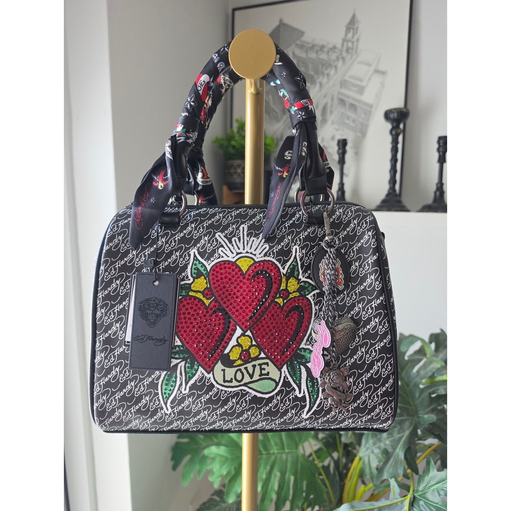 Ed Hardy Love Rhinestone Heart Satchel Bag Black White Tattoo Print Scarf Handle